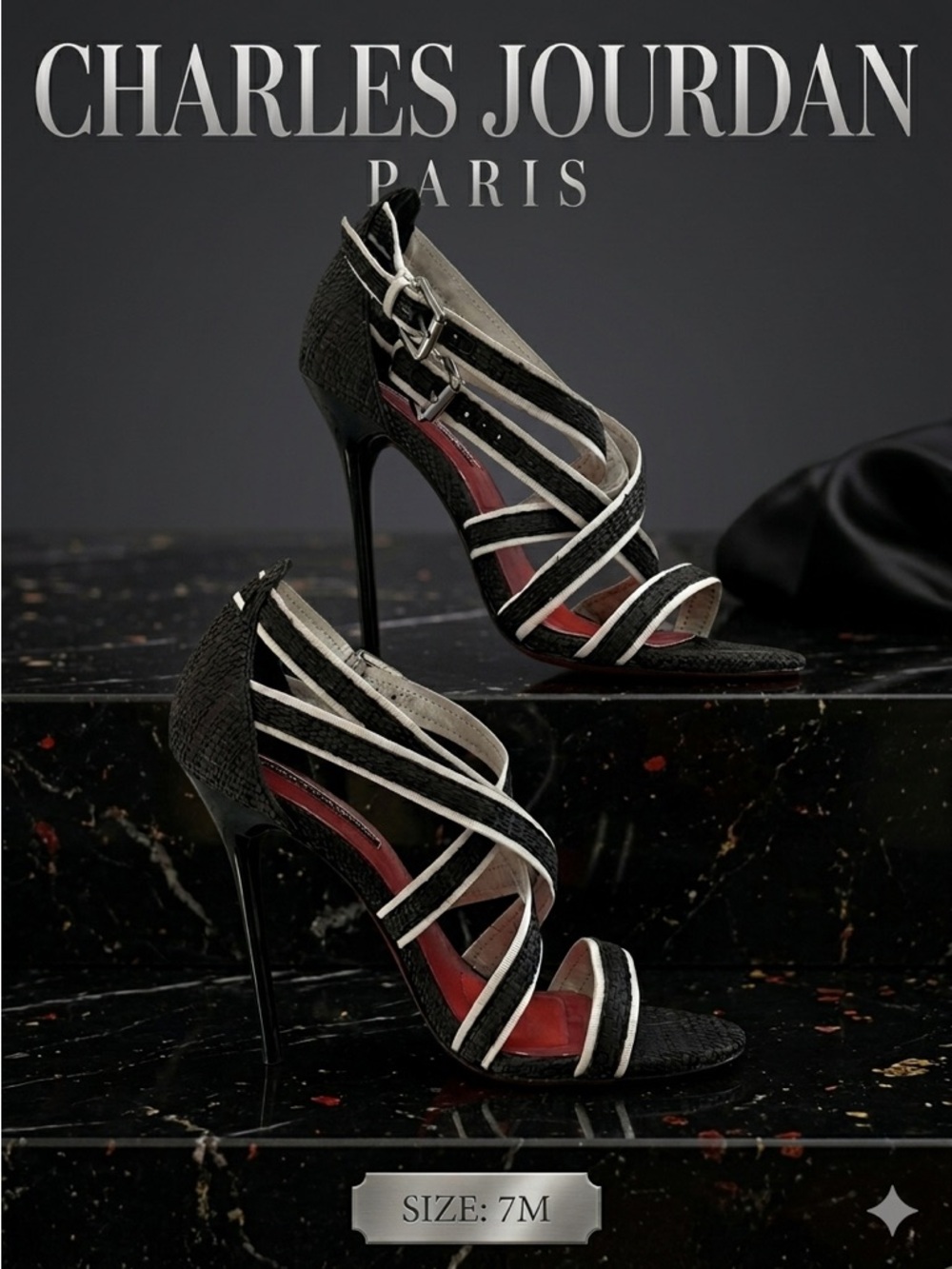 CHARLES JOURDAN Paris Stiletto Heel Criss Cross Strappy Black‎ White Rattan 7M
